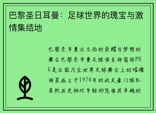 巴黎圣日耳曼：足球世界的瑰宝与激情集结地