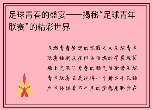 足球青春的盛宴——揭秘“足球青年联赛”的精彩世界